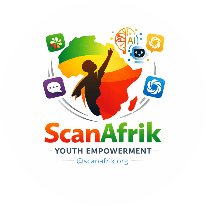 ScanAfrik Youth Empowerment logo featuring the African continent in green, yellow, and red with a rising youth figure reaching toward AI and digital innovation icons
